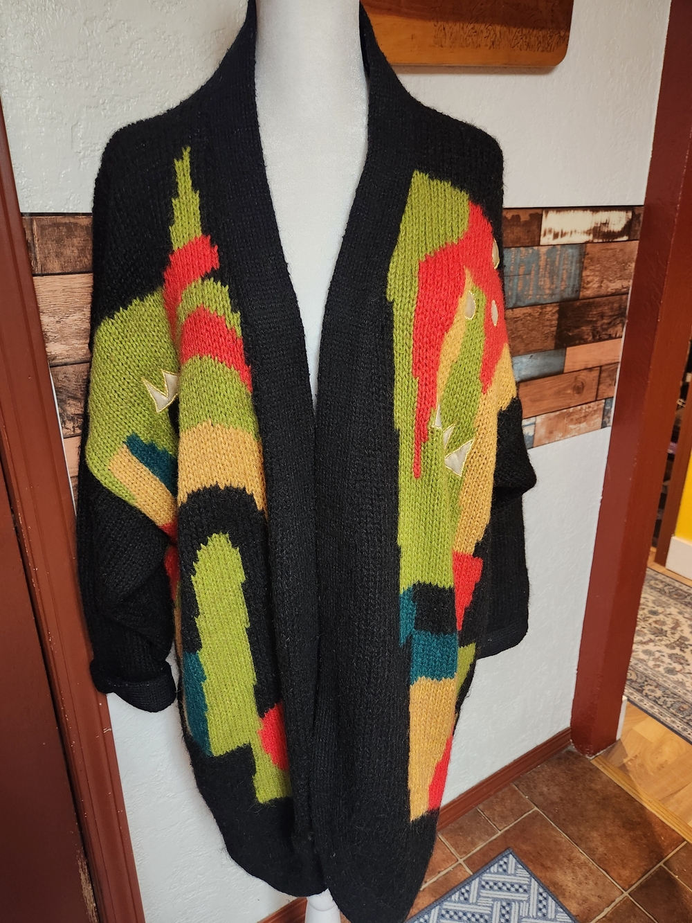 Vintage Femi Abstract Colorblock Wool Blend Chunky Knit Cardigan